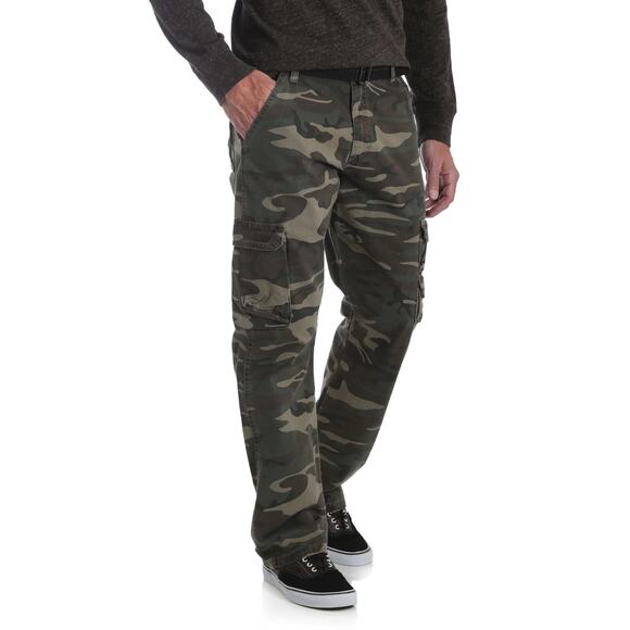 WRANGLER Cargo Pants 38x30 Camo Relax Fit Belted 9-Pockets Green Twill Cotton